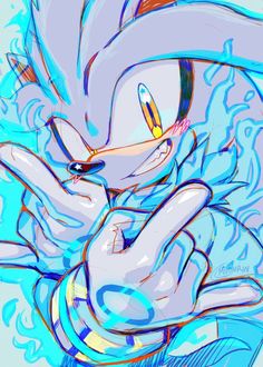 a drawing of sonic from sonic the hedgehog in blue and white colors with his hands on his chest