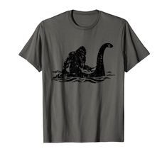 a t - shirt with an image of a giantfoot riding on a boat in the water