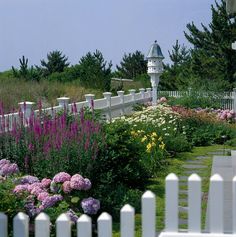 a white picket fence surrounding a garden with purple and yellow flowers in the foreground