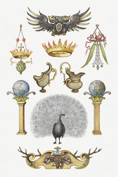 an illustration of various items in the form of birds and vases with ornaments on them