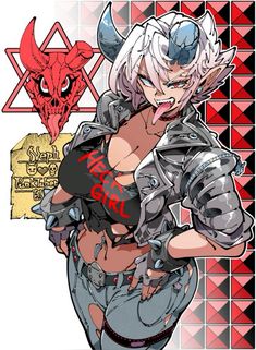 an anime character with white hair and horns on her chest, holding a knife in one hand