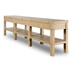 a wooden table with two shelves on each side