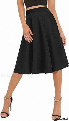 Olivia Mark - Basic Elastic Waist A-Line Midi Skirt in Solid Color for Casual Wear Skirted Swimsuit, Knitted Bodycon Dress, Long Maxi Skirts, Pleated Midi Skirt, Skirt Design, Knee Length Skirt, Denim Mini Skirt, Types Of Skirts, Olivia Mark