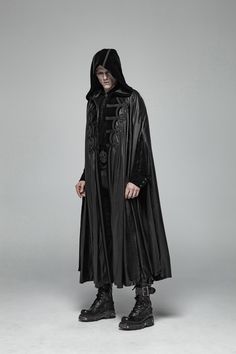 Elderion Cloak Create the perfect dark aesthetic ritualistic outfit around this stunning, long and sinister Vampire cloak with a slightly satin, slightly leather-look finish. Structured with an oversized hood and ornate front design panel which evokes Dracula vibes. Material: Polyester/Cotton Blend. One Size. Shoulder to Floor Length: 144cm/56.7" Weight: 2.5lbs. Brand: Punk Rave. Victorian Cloak, Mage Robes, Satanic Clothing, Gothic Coat, Perfect Dark, Goth Guys, Punk Rave, Gothic Outfits, Cloak