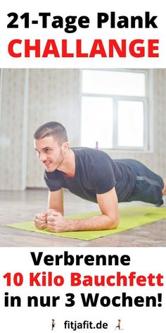 a man is doing push ups on a mat with the words, 21 - page plank challenge