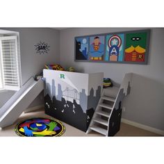 a room with a slide and paintings on the wall