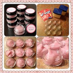 some jars and containers filled with pink stuff