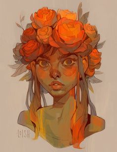 a drawing of a woman with flowers on her head