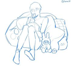 a drawing of a person sitting on a couch with a stuffed animal