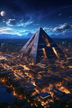 an aerial view of the pyramid and surrounding city lights at night, with mountains in the background