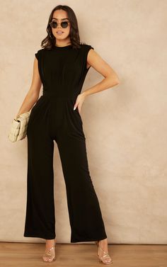 Sarry High Neck Black Culotte Jumpsuit | SilkFred US Black Jumpsuit Wedding, Bahamas Outfit, Unique Jumpsuits, Work Jumpsuit, Tall Women Fashion, High Neck Jumpsuit, Jump Suits