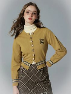 Hufflepuff Yellow Badge Embroidery Preppy Cardigan Harry Potter and KYOUKO Collaboration Preppy Cardigan, College Class, College Classes, College Fashion, Dress Top, Alternative Fashion, Knit Cardigan, Kids Fashion, Full Length