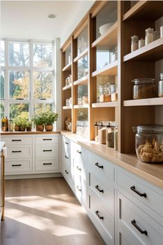 a kitchen filled with lots of white cupboards and wooden counter tops next to a window