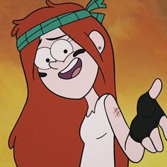 a cartoon character with long red hair pointing at something