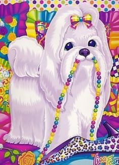 a painting of a white dog with beads