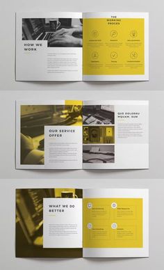 an open brochure with yellow and black accents on the front, back and side