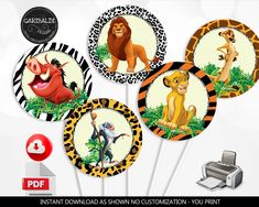 the lion king cupcake toppers are shown with zebras and lions on them