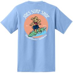 Kick back with the laid-back vibe of the beach with the Joe's Surf Shop Teddy The Surfing Dog Heavyweight Pocket Tee. Made from soft, durable cotton, this tee is all about comfort and easy style. The back features a fun graphic of Teddy, the surfing dog, catching some waves and spreading good vibes, perfectly capturing the spirit of Joe's Surf Shop. With a handy front pocket for stashing small essentials, this tee is as practical as it is cool. Whether you're lounging on the sand, catching some Graphic Tee Soft-washed T-shirt For Surfing, Relaxed Fit Cotton T-shirt For Surfing, Sporty Relaxed Fit Beach T-shirt, Surfing Dog, Surf Lifestyle, Dogs Tee, Easy Style, By The Ocean, Casual Design