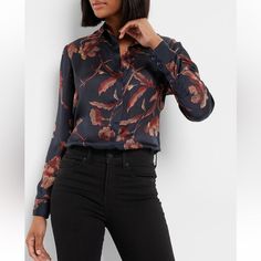 Express Portofino Shirt Elegant Floral Print Shirt For Fall, Elegant Fall Shirt With Floral Print, Classic Floral Print Shirt For Fall, Classic Floral Print Top For Fall, Formal Floral Print Top For Fall, Portofino Shirt, Bold And Beautiful, Black Orange, Women's Tops