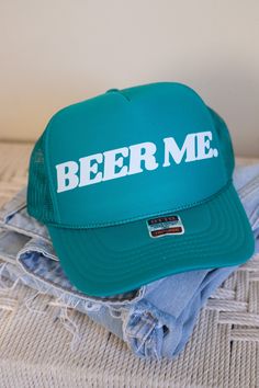 Turquoise Blue Trucker Hat - Beer Me Vintage Green Trucker Hat For Summer, Blue Trucker Cap For Festivals, Blue Trucker Hat For Festival, Blue Summer Snapback Hat With Short Brim, Blue Snapback Hat With Short Brim For Summer, Casual Turquoise Cap Hat, Casual Turquoise Cap, Retro Blue Trucker Hat For Beach, Blue Snapback Trucker Hat For Festival