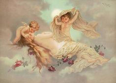 two women are laying on the clouds with flowers in their hair and one woman is holding her head