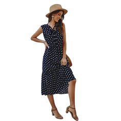 Navy Blue Polka Dot Sleeveless Casual Dress Casual Polka Dot Sleeveless Midi Dress, Women Dresses Casual, Casual Dress Women, Blue Polka Dots, Women Dresses, Dresses Casual, Casual Dress, Polka Dot, Casual Dresses