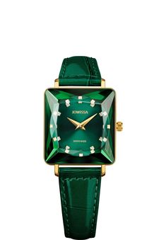 This emerald green ladies watch belongs to the Facet Princess collection. It is named after the princess cut that shapes the watch crystal. Like a diamond, the glass in a square 25mm case has incredible light-reflecting qualities to make it sparkle on your wrist. A green leather band adds color to the Swiss-made watch Ice Watch, Swiss Made Watches, Princess Collection, Engraved Logo, Beautiful Watches, Precious Jewelry, Ladies Watch, Women's Watch, Watch Movement