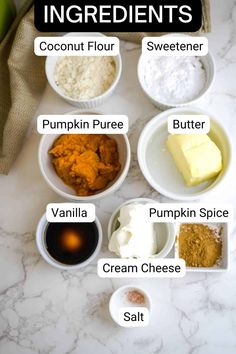 ingredients to make pumpkin spice recipe in bowls on a marble counter top with text overlay