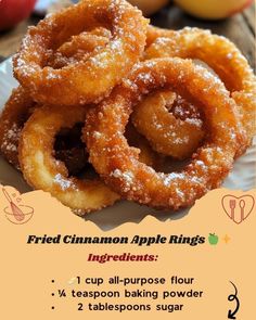 fried cinnamon apple rings on a plate with instructions for how to bake them in the oven