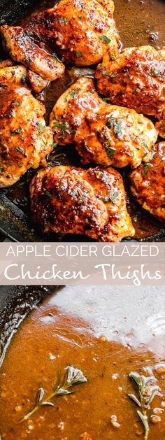 grilled chicken thighs with apple cider sauce in a skillet