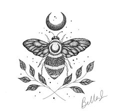 a black and white drawing of a bee sitting on top of leaves with the moon in the background