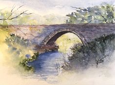 a watercolor painting of a bridge over a river