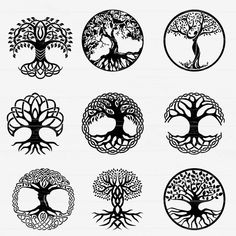 the tree of life symbol is shown in different styles and sizes, including black on white