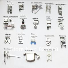 various types of sewing machine parts displayed on white background with instructions for each type of stitcher