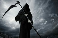 a man in a hooded robe holding a large scythe with the word xossome on it