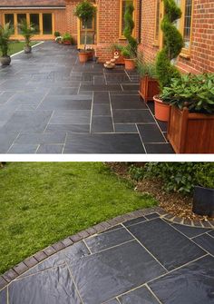 before and after pictures of a patio with black slate paving, green grass and potted plants