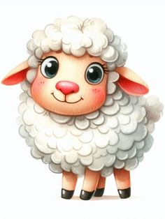 a cartoon sheep with big eyes standing in front of a white background and looking at the camera