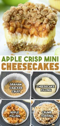 Delight in the perfect combination of apple crisp and cheesecake with these Apple Crisp Mini Cheesecakes! 🍏🧀 These mini desserts feature a creamy cheesecake filling topped with a sweet and crunchy apple crisp layer, all nestled in a buttery graham cracker crust. Easy to make and full of fall flavors, these Apple Crisp Mini Cheesecakes are a must-try! #AppleCrisp #MiniCheesecakes #DessertRecipe #FallBaking #BiteSizedTreats #CheesecakeLovers #EasyRecipes #HomemadeDesserts Fall Recipes Easy Desserts, Easy Thanksgiving Apple Desserts, Deserts To Make On Thanksgiving, Thanks Giving Deserts Easy, Graham Cracker Crust Cupcakes, Apple Crisp Cheesecake Bites, Apple Crisp With Graham Cracker Crust, Apple Cheesecake Muffins, Apple Desserts With Apple Pie Filling