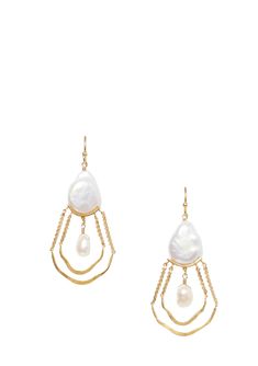 Light up the room in these statement earrings featuring luminous freshwater pearls and a delicate gold chandelier silhouette. 18k gold plated sterling silver, white freshwater pearls. 2" drop. Handmade in Vietnam. Teardrop Pearl Drop Chandelier Earrings, Teardrop Chandelier Earrings With Pearl Drop, Gold Teardrop Pearl Drop Chandelier Earrings, Yellow Gold Pearl Drop Dangle Chandelier Earrings, Gold Chandelier, White Freshwater Pearl, Holiday Items, Gift Exchange, White Pearl