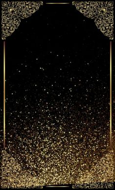 a black and gold background with a square frame in the middle that is filled with golden confetti