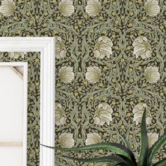 a white frame sitting next to a green wallpaper