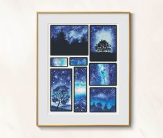 there are six pictures in the frame with stars and trees on them, all arranged together