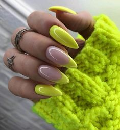 Neon Yellow Nails, Yellow Nails Design, Almond Nails Designs, Almond Acrylic Nails, Neon Nails, Yellow Nails, Coffin Nails Designs