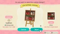 an animal crossing game screen showing the christmas cocoa and other items on display for purchase