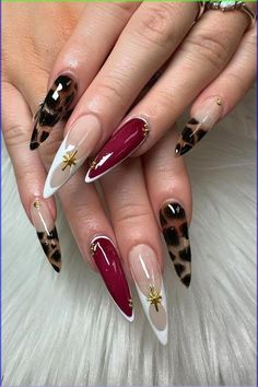 Short Almond Cheetah Nails, Red Concert Nails, Glam Fall Nails, How To Do Cheetah Print On Nails, Deep Color Nails, Almond Vs Stiletto Nails, Simple Long Nails Ideas, Red Tortoise Shell Nails, Nails Burgundy Design