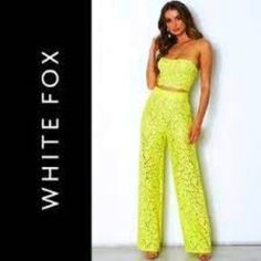 Rare Find! Hauntingly Beautiful, Chic, And Sexy Statement Pants From White Fox Boutique With A Vintage Nostalgic 60s Vibe! Comes In Bold Citrus Yellow That Adds The Perfect Splash Of Color To Any Outfit. Featuring A Gorgeous Floral Lace Patterned Material, Flattering High-Rise Silhouette, Partial Lining At The Thigh, A Hidden Zipper On The Back, And A Gorgeous Flared Bottom That Has Great Movement And Looks Amazing From Any Angle. Very Comfy, And Surprisingly Versatile, It Will Look Equally Amazing With An Edgy Crop Top As It Is With A Blouse Or Blazer. Made From 35% Viscose, 35% Cotton, And 30% Nylon. Lined With 100% Polyester. Approx Measurements Laying Flat: Waist 13”, Hips 18”, Fron Spring Party Trouser Sets, Spring Party Trousers Set, Yellow Sets For Night Out In Spring, Yellow Sets For Spring Night Out, Summer Party Sets With Wide Leg, Spring Party Sets With Trousers, High Waist Sets For Spring Party, High Waist Party Sets For Spring, Yellow Wide Leg Party Pants