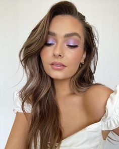 Brunette wearing purple eyeshadow Purple Shadow Brown Eyes, Formal Makeup For Lavender Dress, Lilac And Silver Eye Makeup, Colorful Eye Makeup For Hazel Eyes, Simple Makeup Looks For Prom Purple Dress, Prom Makeup Looks For Lilac Dress, Natural Makeup Purple Eyeshadow, Purple Bridal Eye Makeup, Neutral Purple Eyeshadow