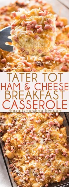 a casserole with ham and cheese on it is being lifted from the pan