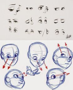 an image of various facial expressions drawn on paper with pencils and markering pens