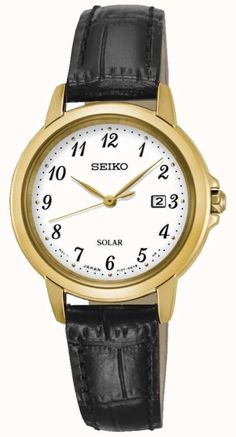 Seiko SUT376P9 - In stock. A retro smart-casual watch with everyday wearability and a mature feel to it. The golden case, cream dial and deep leather strap work together to achieve the characterful look and the colour combination can't be faulted. Furthermore, the watch is solar-powered and a date display sits at the 3 o'clock position.. Official Seiko UK retailer. The Seiko SUT376P9 comes with free delivery, 2 year guarantee, 30 day returns and box. Brown Leather Strap, Colour Combination, 3 O Clock